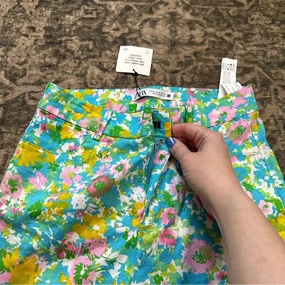 Women's Zara Floral Printed Linen Blend‎ Flare Trousers  Size 4 New with Tags - Picture 10 of 14